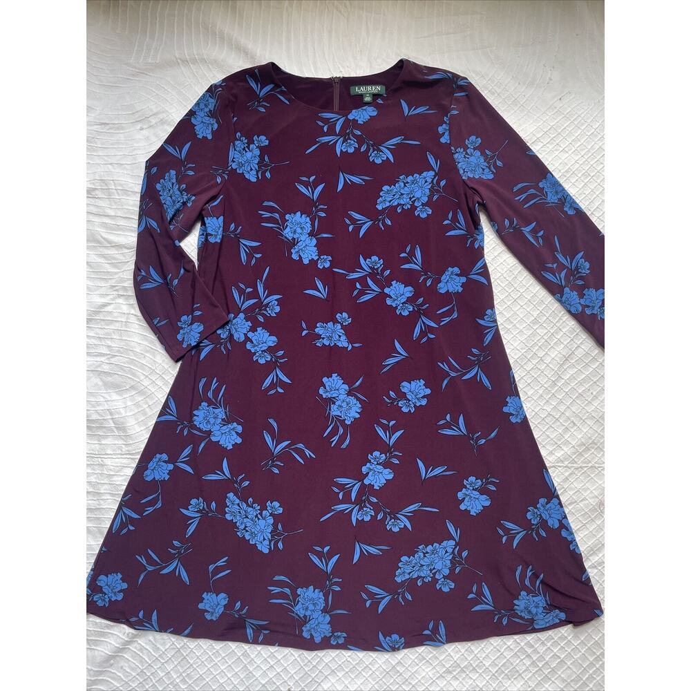 Ralph Lauren Womesn Size 14 Dress Burgundy w/Blue‎ Floral 3/4 Sleeve Casual Work